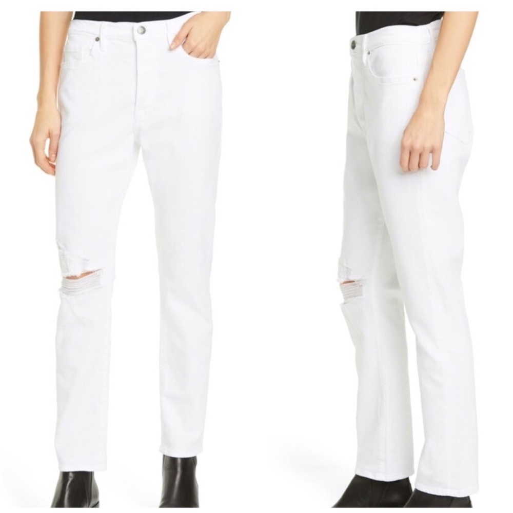 Frame Le Beau Ripped Straight Leg Boyfriend Jeans In Blanc Drive Rips - Picture 1 of 9